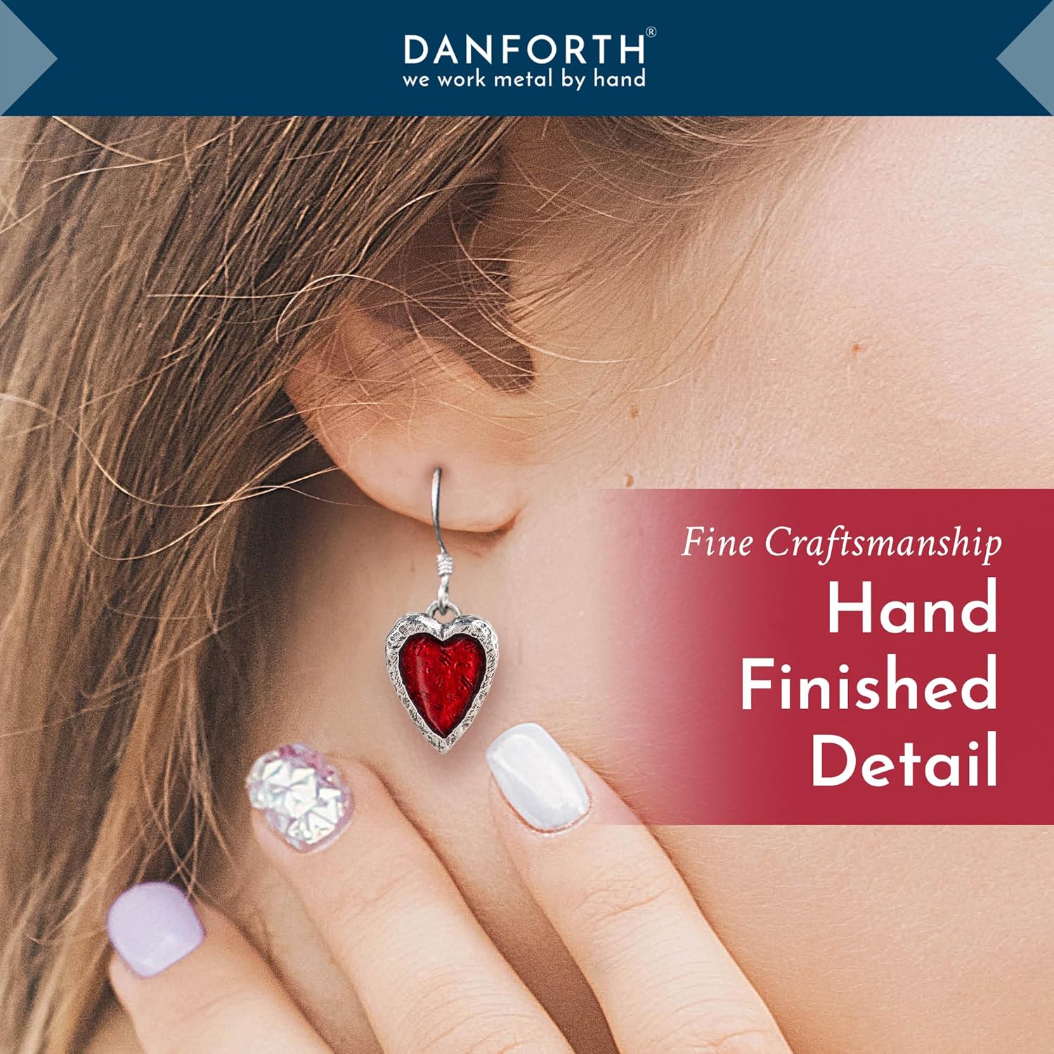 DANFORTH “Red/Crimson” Heart Shaped Earrings for Women, Pewter & Red Heart Earrings for Elegantly Showcasing Your Love, Dainty Dangle Earrings, Made In USA with Pewter & Surgical Steel, ¾”