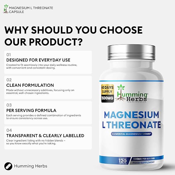Humming Herbs Magnesium L-Threonate Supplement 1500mg per Serving | Provides 120mg Elemental Magnesium (30% NRV) | 120 Vegan Capsules | 40 Day Supply