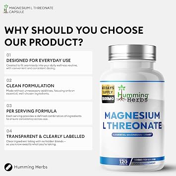Humming Herbs Magnesium L-Threonate Supplement 1500mg per Serving | Provides 120mg Elemental Magnesium (30% NRV) | 120 Vegan Capsules | 40 Day Supply