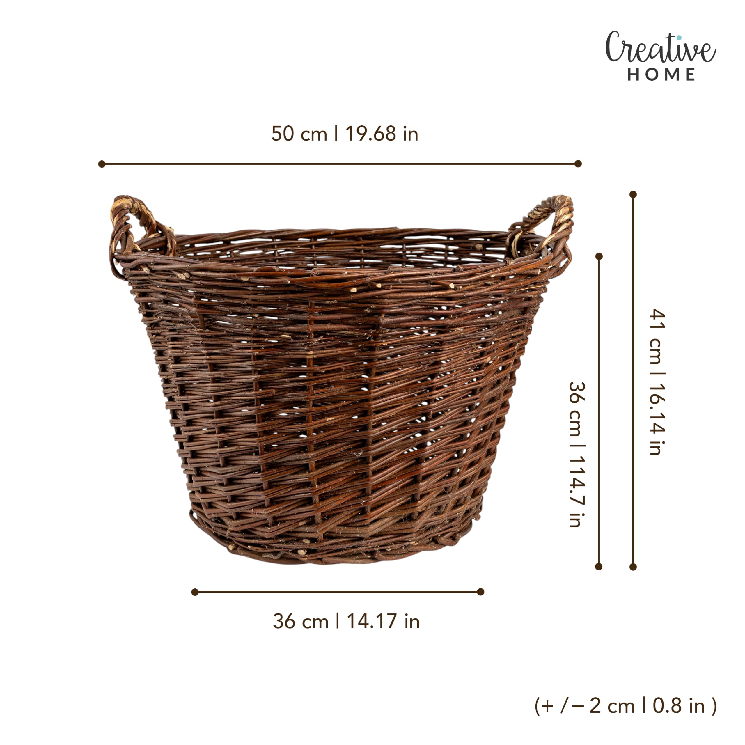Creative Home Cesta de Mimbre con Asas | Grande 47x33x39cm (+/- 1cm) | Tejida a Mano Duradera | Cesta de Leña Patatas Frutas Setas Juguetes Ropa Sucia Jardín | Sauce Grueso Marrón Natural | Multiuso