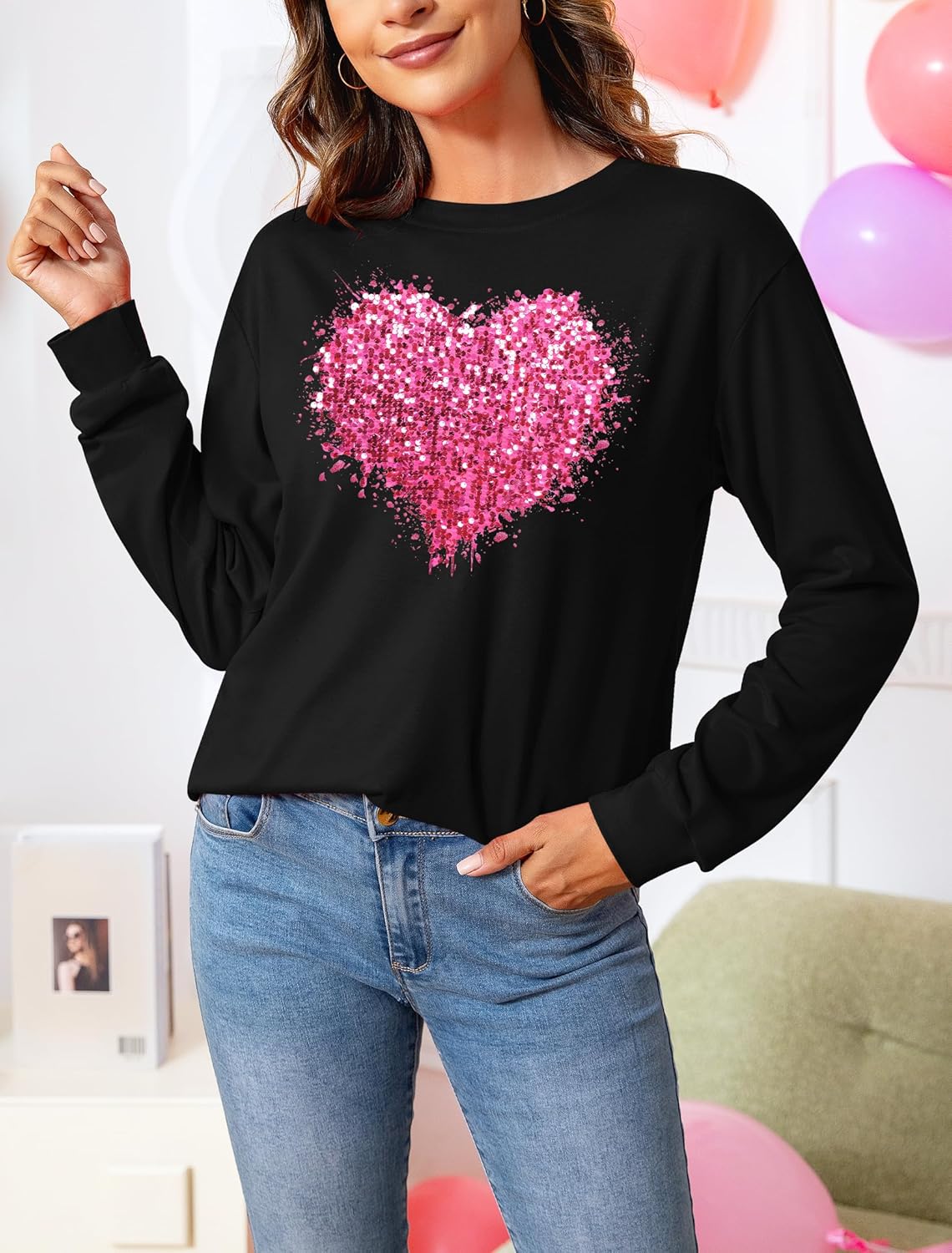 VVNTY Valentine Shirts for Women: Cute Love Graphic Tee Long Sleeve Heart Tops - Image 2