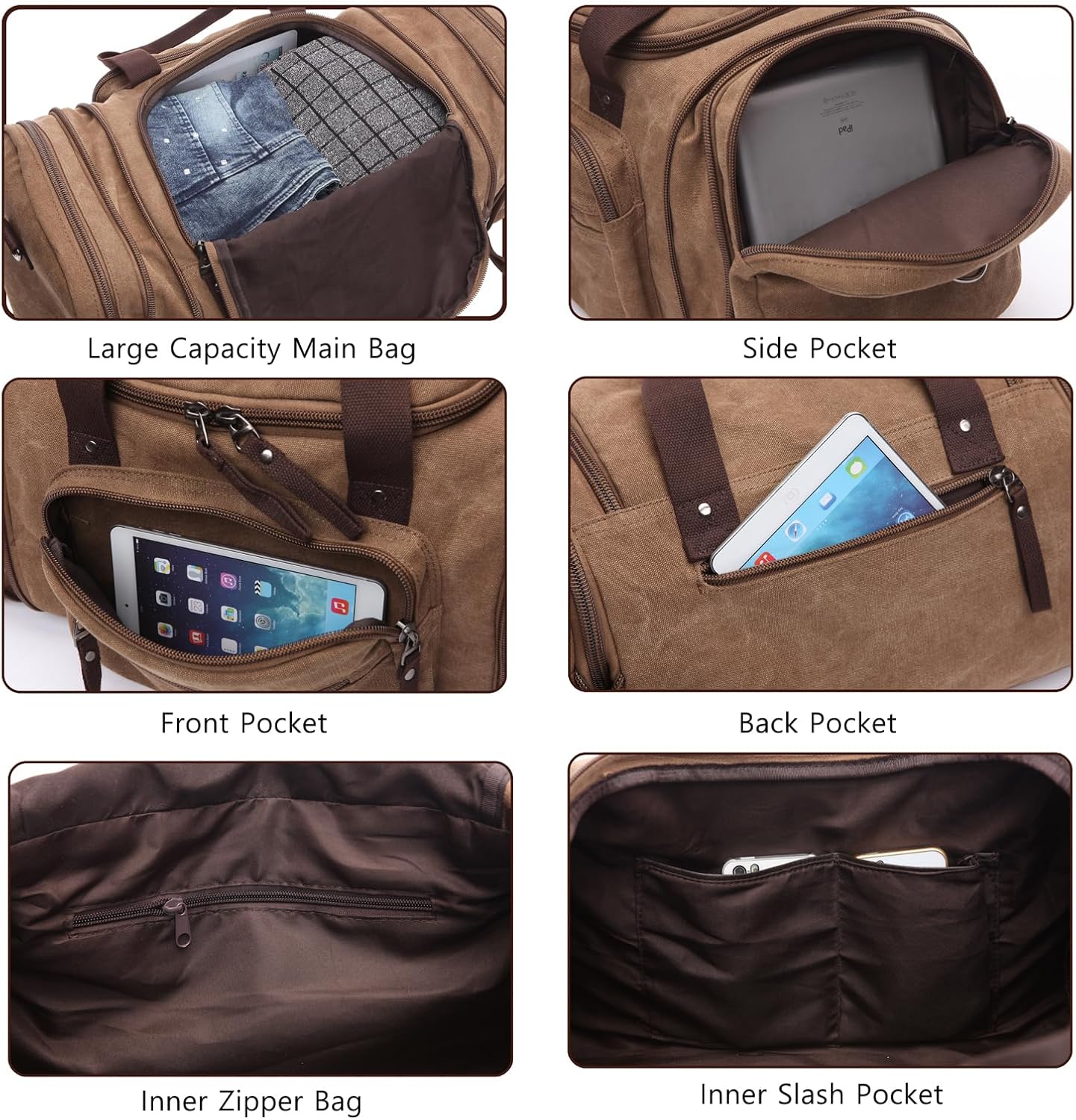 Large men's travel luggage bag, carry overnight bag, weekend handbag, waterproof canvas travel bag(khaki)