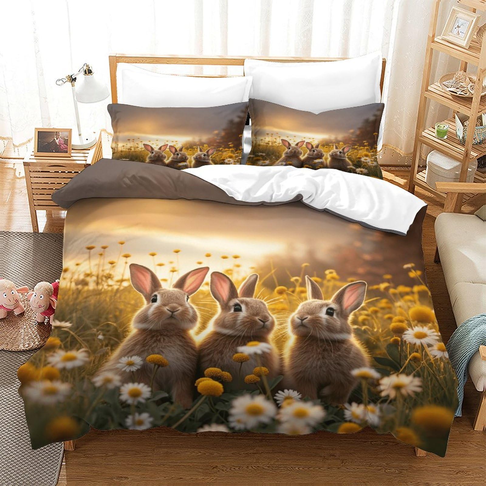 XiaopangXY Bunnies Bedding Set Finesse Duvet Cover, Sheet & Pillowcase Breathable Brushed Microfiber Rabbit Comforter Cover with Hidden Zipper, Luxury Quilt Cover Set Double（200x200cm）