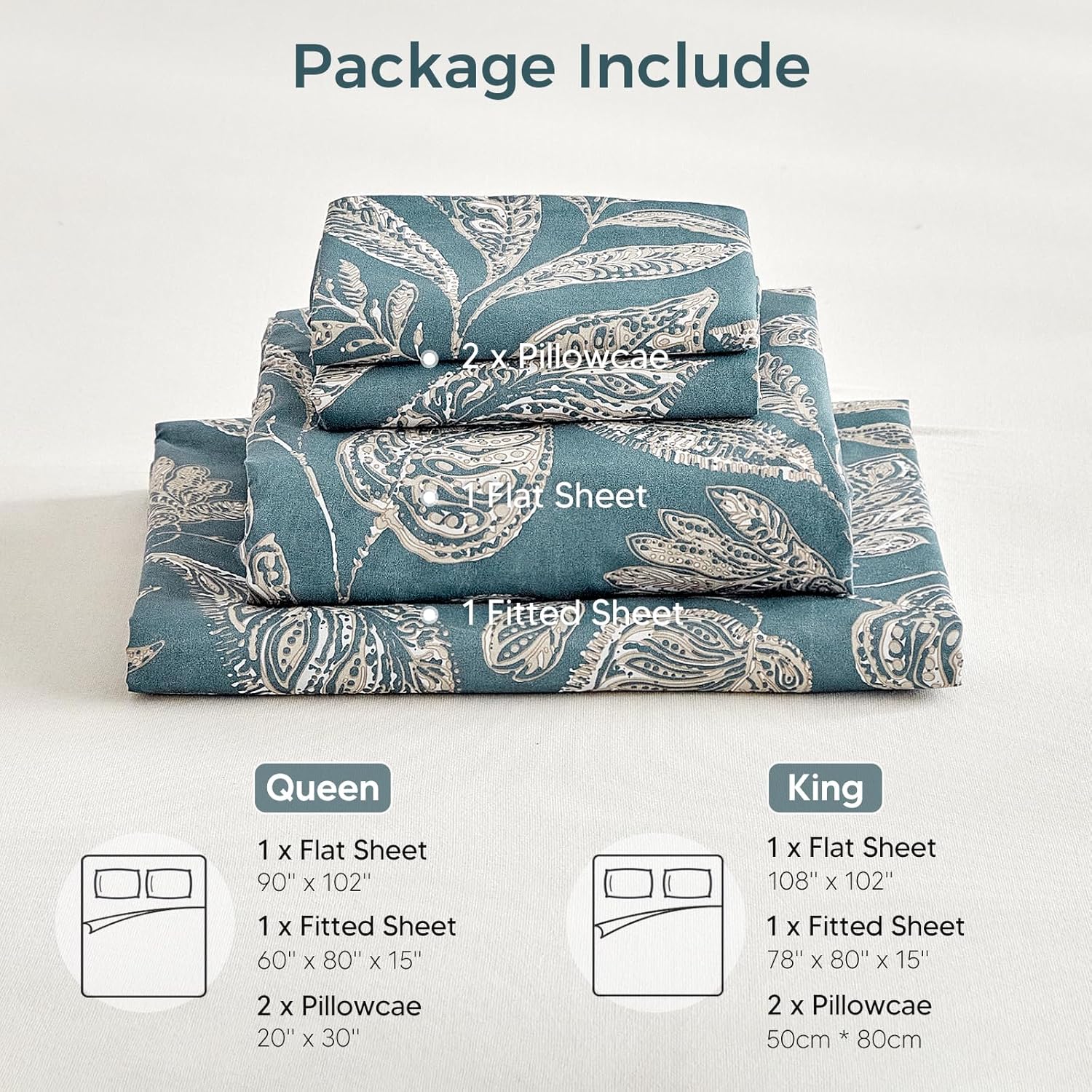 Tokokimo Paisley Sheets Set King Size, 15 inches Deep Pocket Fitted Sheet, Flat Sheet & Envelope Closure Pillowcases, Soft Breathable Microfiber Sheet Set 4-Piece, Blue Leaf Floral