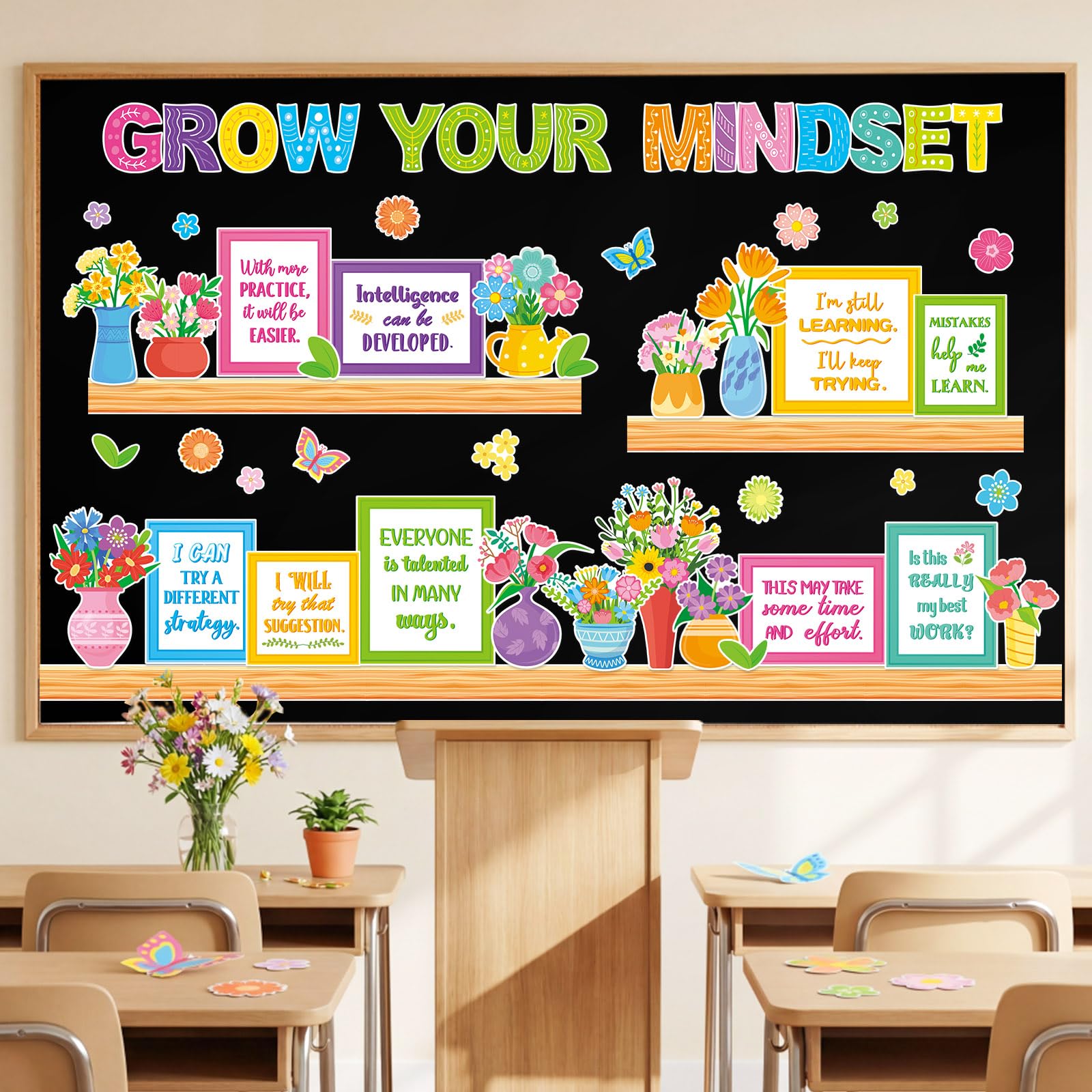 Qilery Growth Mindset Bulletin Board Set - Spring Floral Classroom Decor — image 1