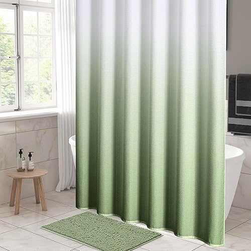 Vista 77 de MitoVilla Cortina de ducha extra larga de 72 x 84 pulgadas, cortina de ducha de tela gofre verde salvia de 84 pulgadas, cortinas de ducha de granja