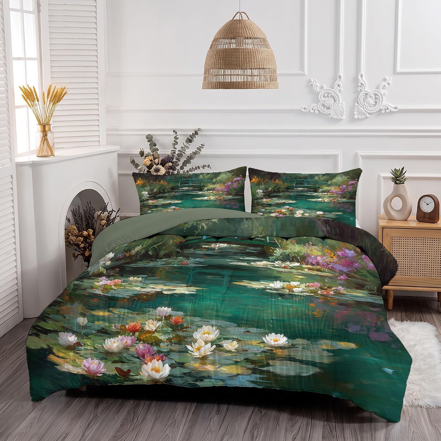 Zen Style Comforter Set King Size, Pond Water Lilies Bedding Set for Girls Boys, Blue-Green Quilt Bed 104"X90" Bedding Comforter Sets with 2 Pillowcase Room Decor