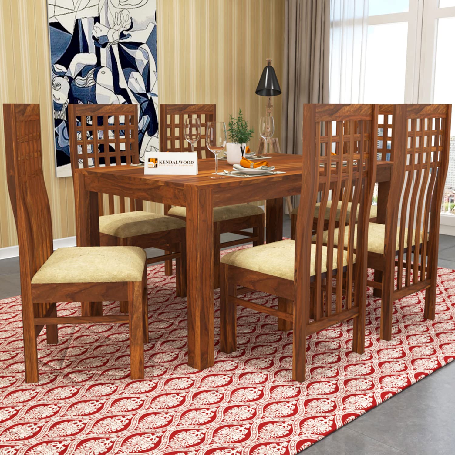 KENDALWOOD™ Furniture Sheesham Wood Dining Table(57x35) with 6 Chairs | 6 Seater Dining Set | 1 Year Warranty (Honey Finish with Cream Cushions) -DIY(Do-It-Yourself)