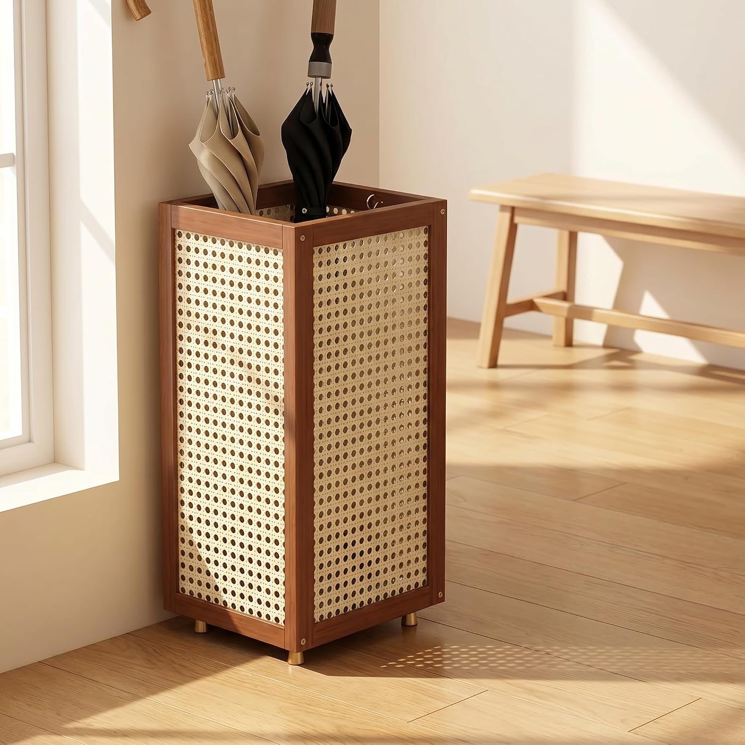 Large Capacity Bamboo Rattan Umbrella Stand, Commercial Umbrella Holder with Removable Drip Tray, Black for Home Corridor Entrance Brown 24 * 24 * 51cm/9.4 * 9.4 * 20.1in