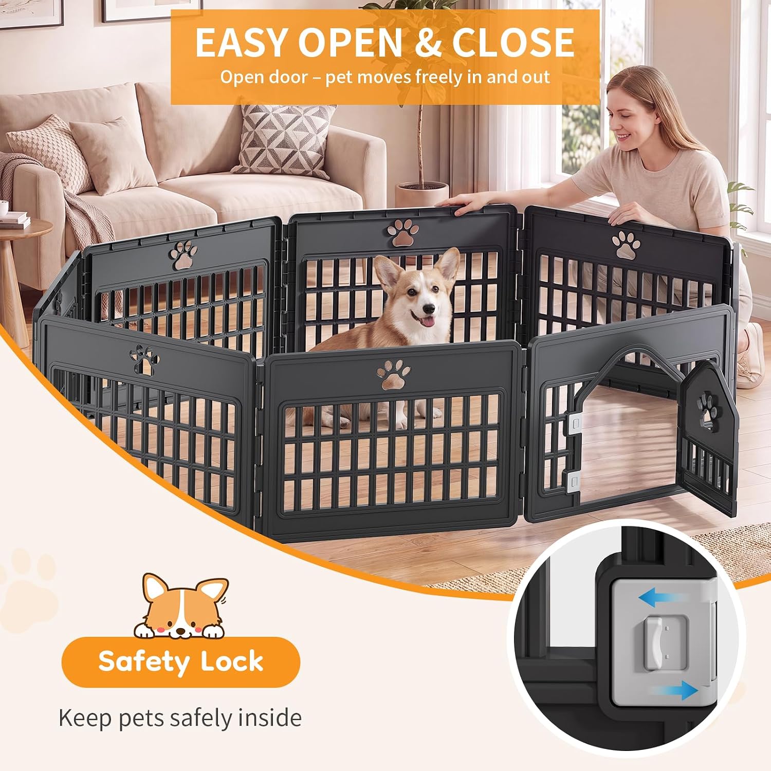 Dog Playpen 8 Panel, Puppy Playpen for Small Puppy, Small Dog Fence Indoor, Plastic Enclosure with Decorative Claw Print & Roof Style Gate, Secure Lock, Ideal for Cats, Rabbits, Black thumbnail