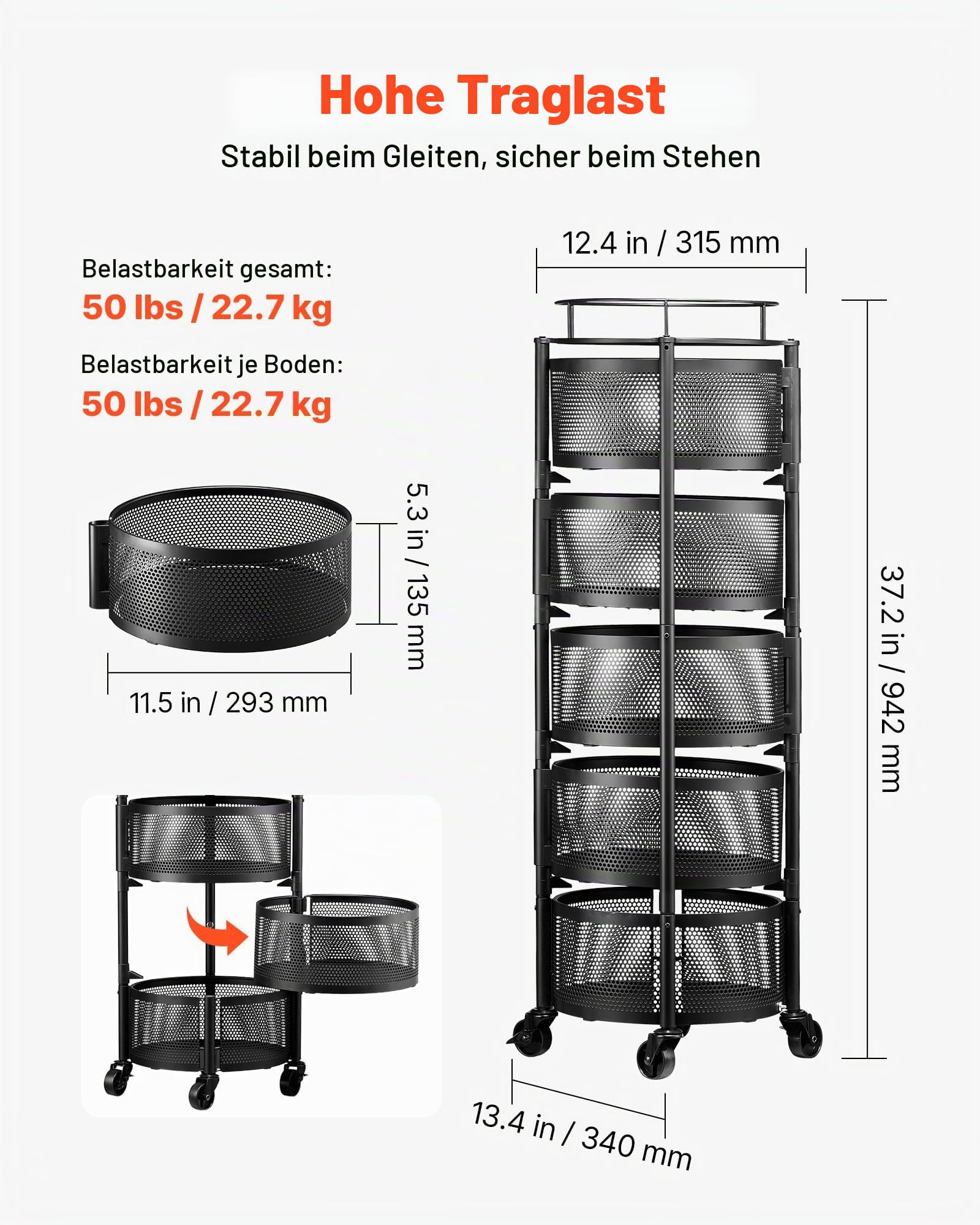VEVOR Gemüseregal Küchenwagen mit 5 Ebenen, Obstkorb, Gemüsekorb aus Metall, Fahrbarer Drahtkorb-Organizer auf Rollen, Schwarzer Aufbewahrungswagen, ideal für Küche, Bad & Kinderzimmer
