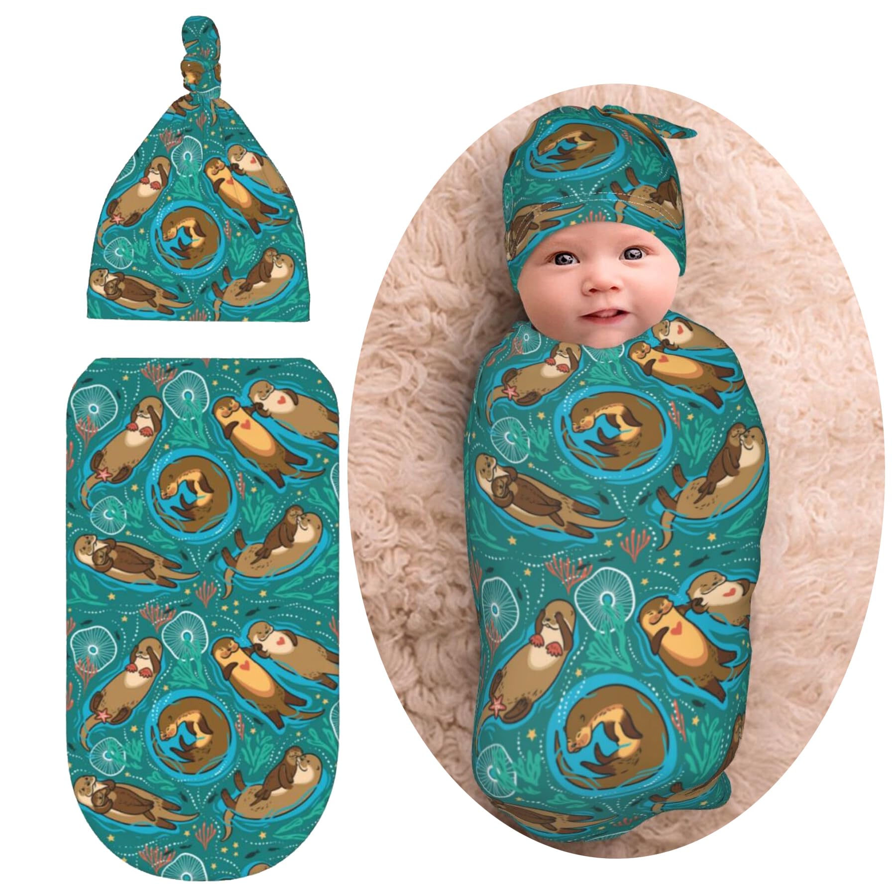 Cute Sea Otters Newborn Swaddle Blankets Baby Stuff Soft Swaddling Blanket with Beanie Sets Gifts For Infant Boys Girls