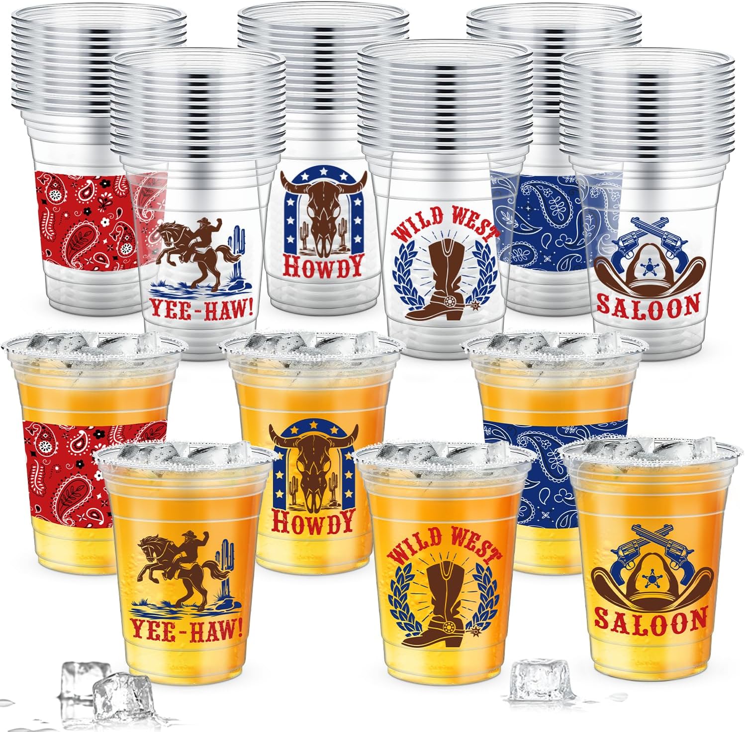 M AMFEOV 60 Pcs Cowboy Party Decorations Plastic Cup, 16 oz Cowboy Cups, Western Party Decorations Disposable Beer Cups for Western Rodeo Themed party