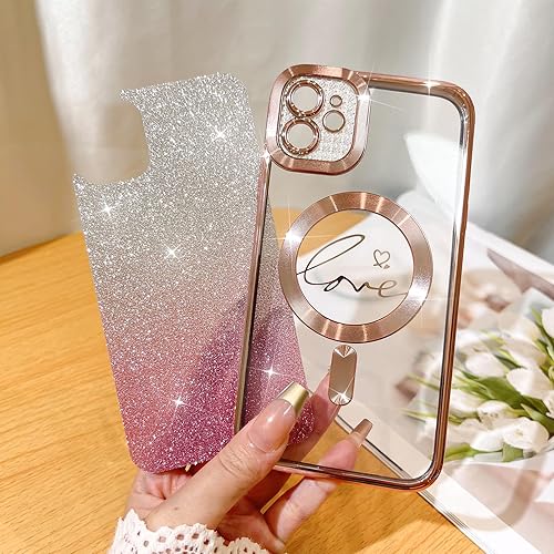 Vista 95 de Fiyart - Funda transparente magnética con purpurina para iPhone 12 para mujeres, con grabado "Love" metálico, protección para cámara y antigolpes