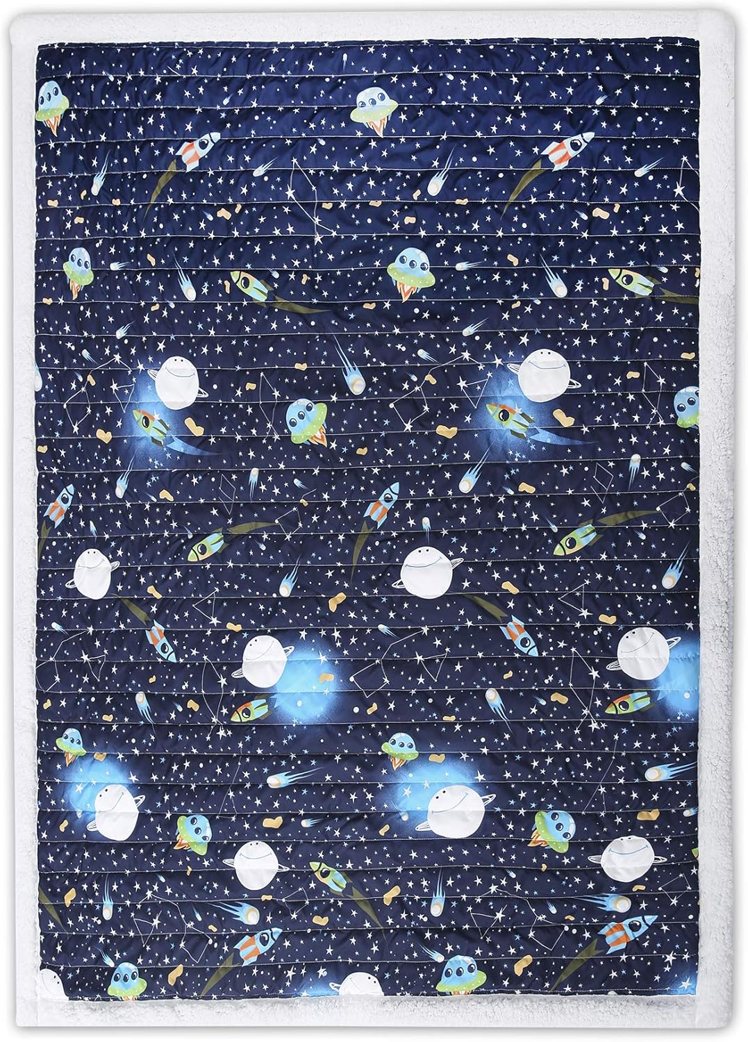 Exclusive Discount 50% Price Lush Decor, Navy Universe Sherpa Throw-Outer Space Stars Galaxy Planet Rocket Pattern Reversible Blanket-60” x 50, 60 x 50