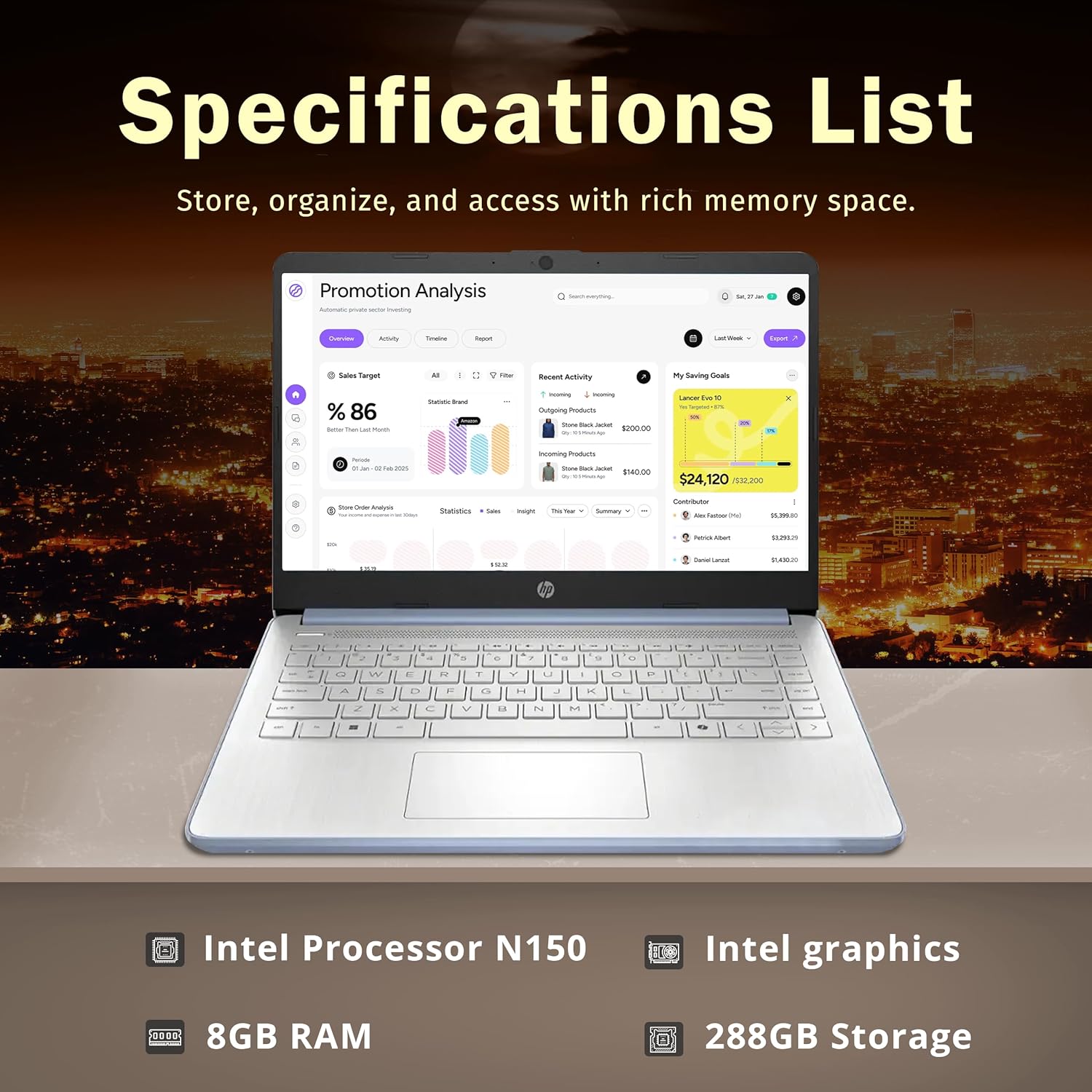 HP Stream 14" HD Laptop, Intel Processor N150, 8GB RAM, 288GB Storage (128GB UFS+160GB Docking Station Set), Intel Graphics, 1 Year Office 365, Copilot, Wi-Fi 6, Win 11, Sky Blue