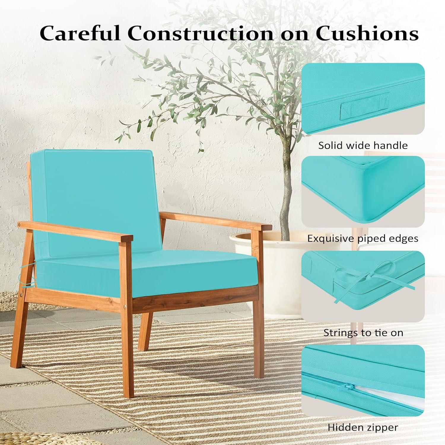 Cozyide 24x24 Outdoor Cushions for Patio Furniture, Waterproof Outdoor Chair Cushions with Non-Slip Ties and Handle, Washable Deep Seat Cushions for Outdoor Furniture with Removable Cover, Teal