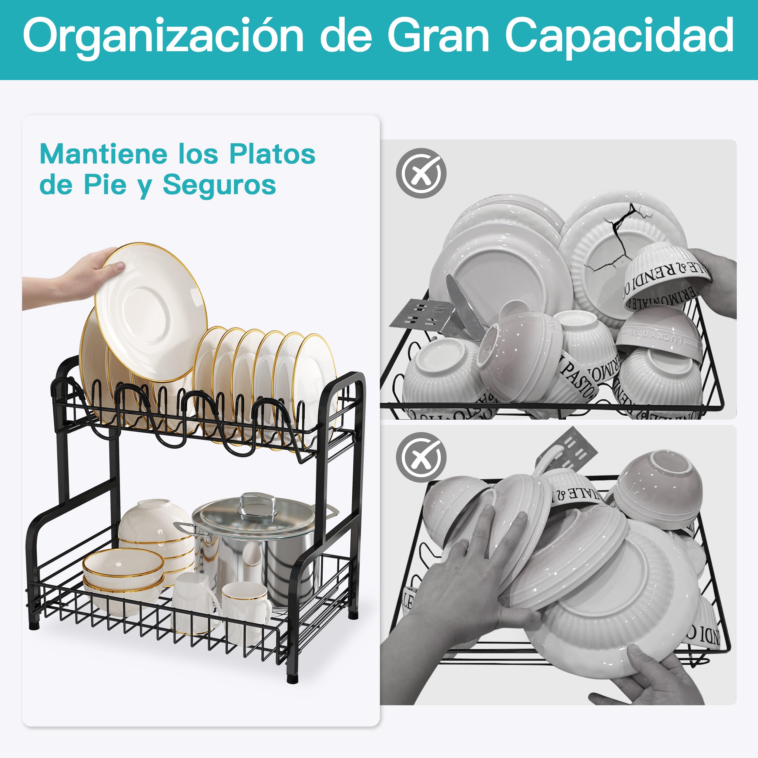 Boosiny Escurreplatos Acero Inoxidable con Drenaje Automático, Escurridor de Platos Grande de 2 Niveles con Portavasos y Porta Utensilios, Escurridor para Fregadero (Negro)