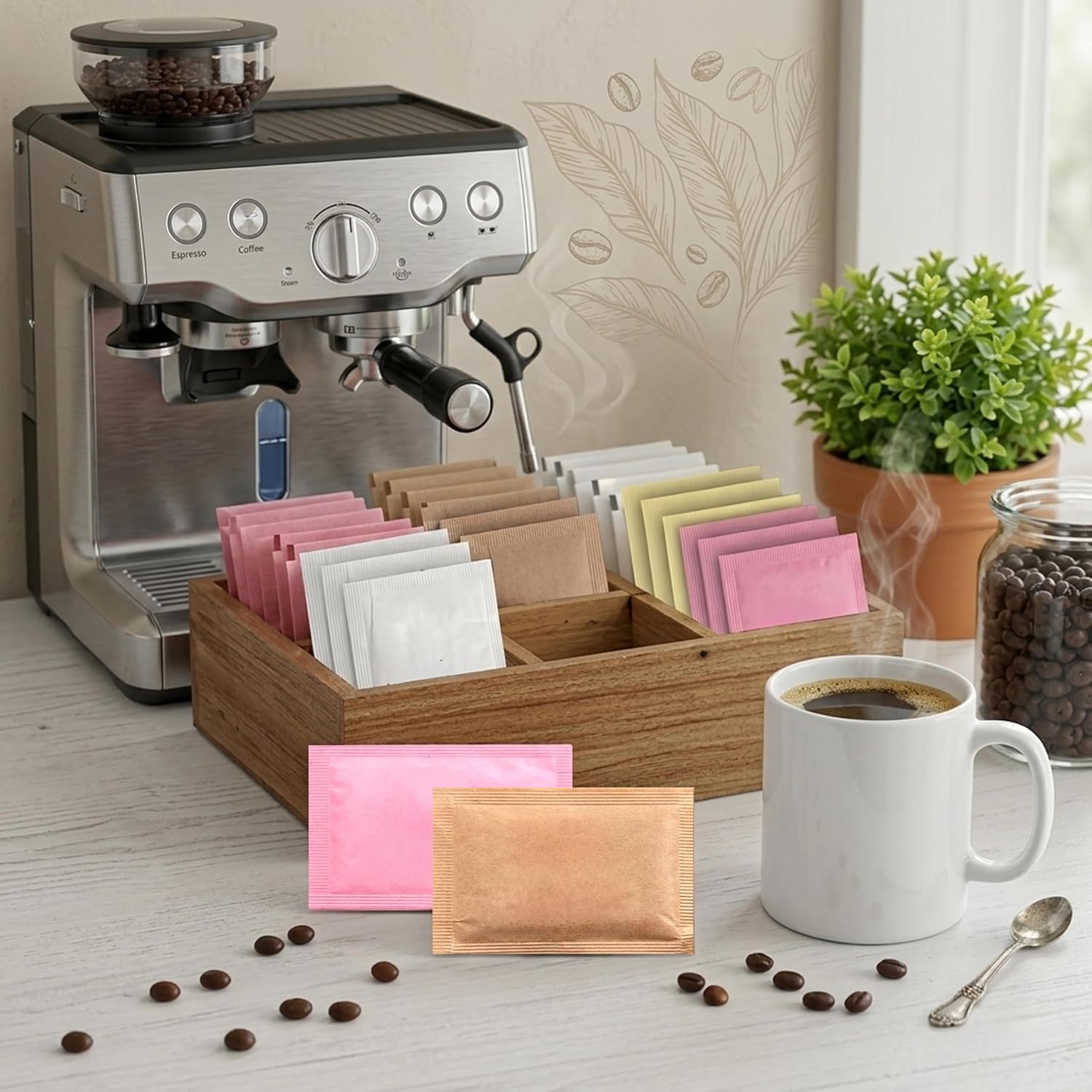 Sugar and Sweetener Packets Assortment with Wooden Coffee Stirrers Multiple Sizes and Varieties for Home Office Coffee Bar or Gift (450 Count – White & Cane Sugar Mix)