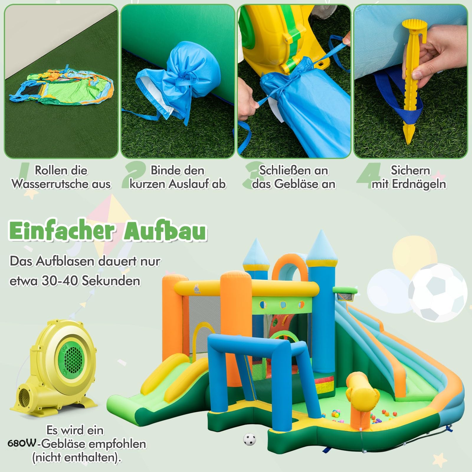 GOPLUS Aufblasbare Hüpfschloss, Kinderhüpfburg mit Trampolin Rutsche Kletterwand Wasserpistole Basketballkorb, Aufblasbare Hüpfburg mit Tragetasche, für Kinder 3-10 Jahren (Fußball, ohne Gebläse)