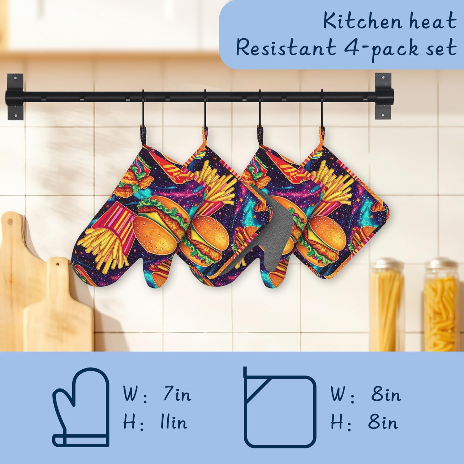 Oven Mitts and Pot Holders Sets,Hamburger French Fries Thick Cotton Kitchen Oven Mitt Set,Funny Food Waterproof Anti-Slip Silicone Mittens for Baking,Cute Cooking Utensils Set for Bakeries Barbecues