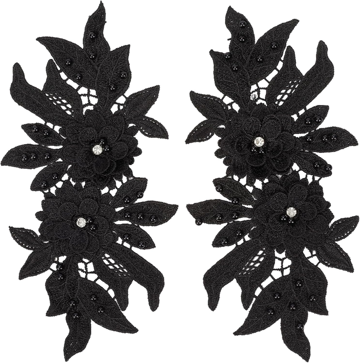 2Pcs 3D Flower Beads Applique, Pearl Floral Embroidery Lace Patches, Embroidered Sew on Patch for Sewing Making Dresses Gowns Party Bag Jeans Shirt Supply