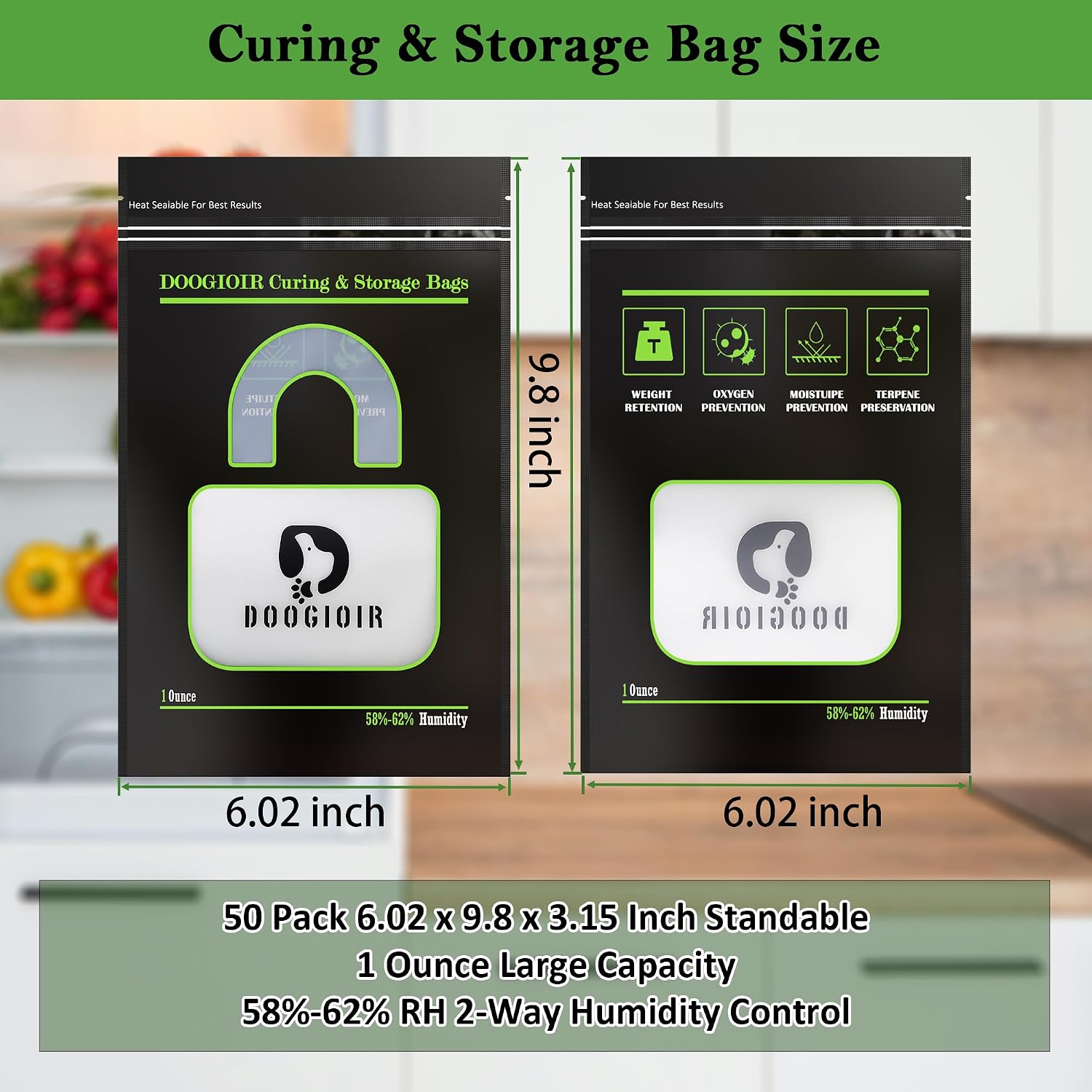 1 Ounce Curing & Storage Bags, Curing Bags for Food Storage, Double-Tracked Zip Closure Heat Sealable upright Cure Bags, Reusable Humidity Control Bag (6 x 9.8 x 3.15 inch, 50 Pack)