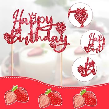 7pcs Strawberry Cake Topper, Glitter Strawberry Cake Picks