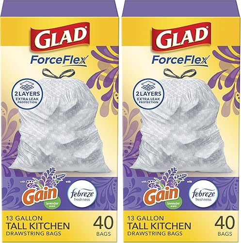 Glad ForceFlex - Bolsas de basura altas con cordón, bolsas de basura blancas de 13 galones para basura de cocina alta, lavanda mediterránea con