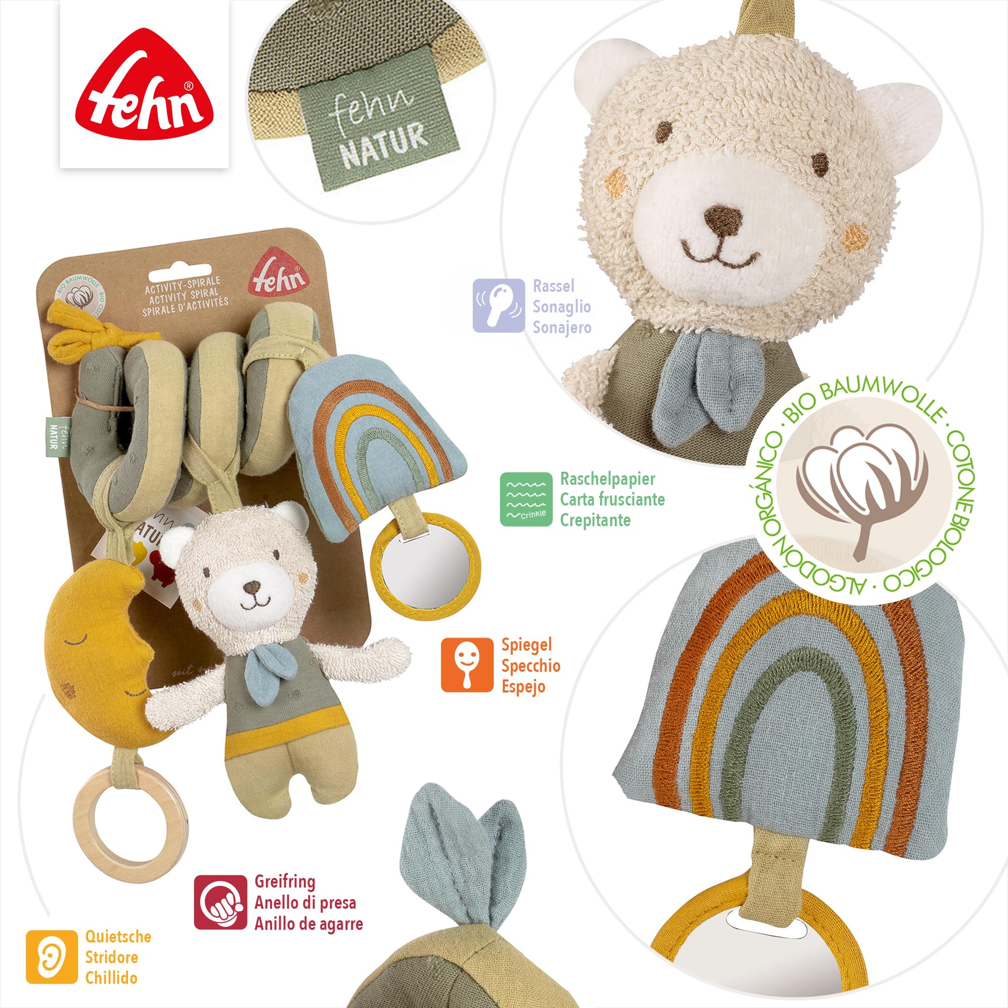 Fehn Activity Spirale Bär – Kinderwagen Spielzeug zum Fühlen und Greifen – Babyspielzeug für Bett, Laufstall, Babyschale und Autositz – Motorikspielzeug für Babys und Kleinkinder ab 0+ Monaten