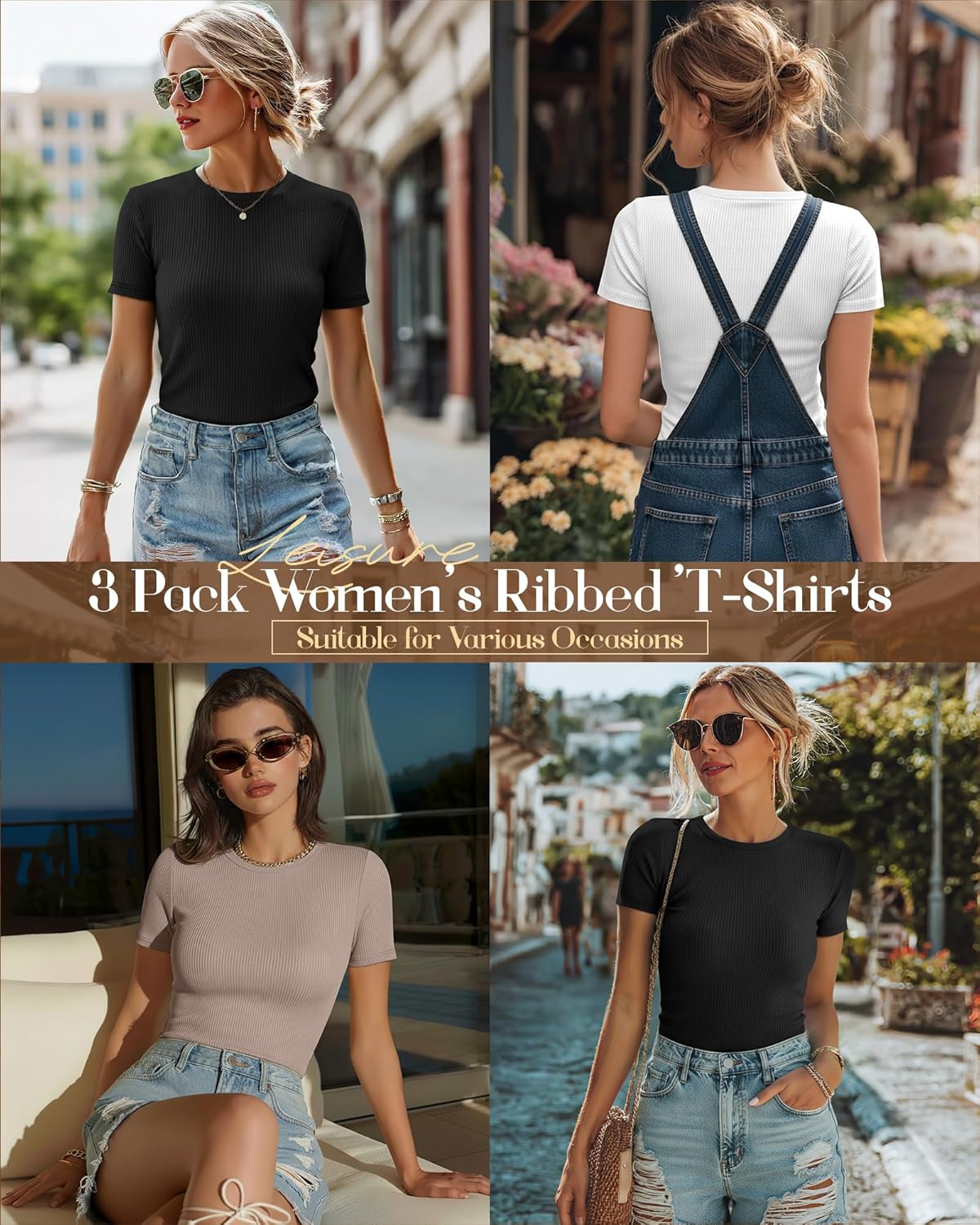 Ficerd 3 Pack Women's Ribbed T-Shirts, Cotton Short Sleeve Basic Tees Crewneck Fitted Tops Casual Shirts 2026 Summer Trendy - Image 2