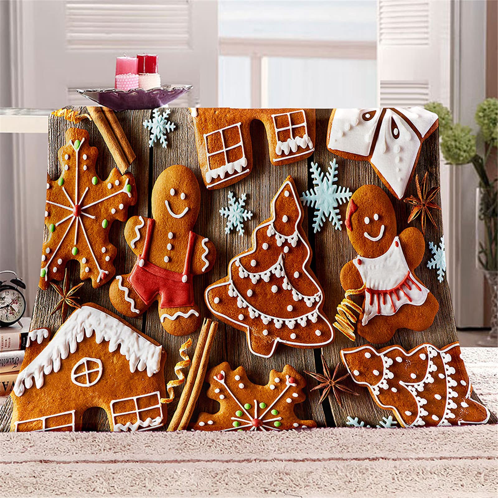 Chickwin Christmas Blankets Throws, 3D Gingerbread Pattern Large Fleece Xmas Blanket Flannel Throw Blanket for Bed Sofa, Microfiber Soft Warm Fluffy Winter Blankets (Snowflake,100x150cm)