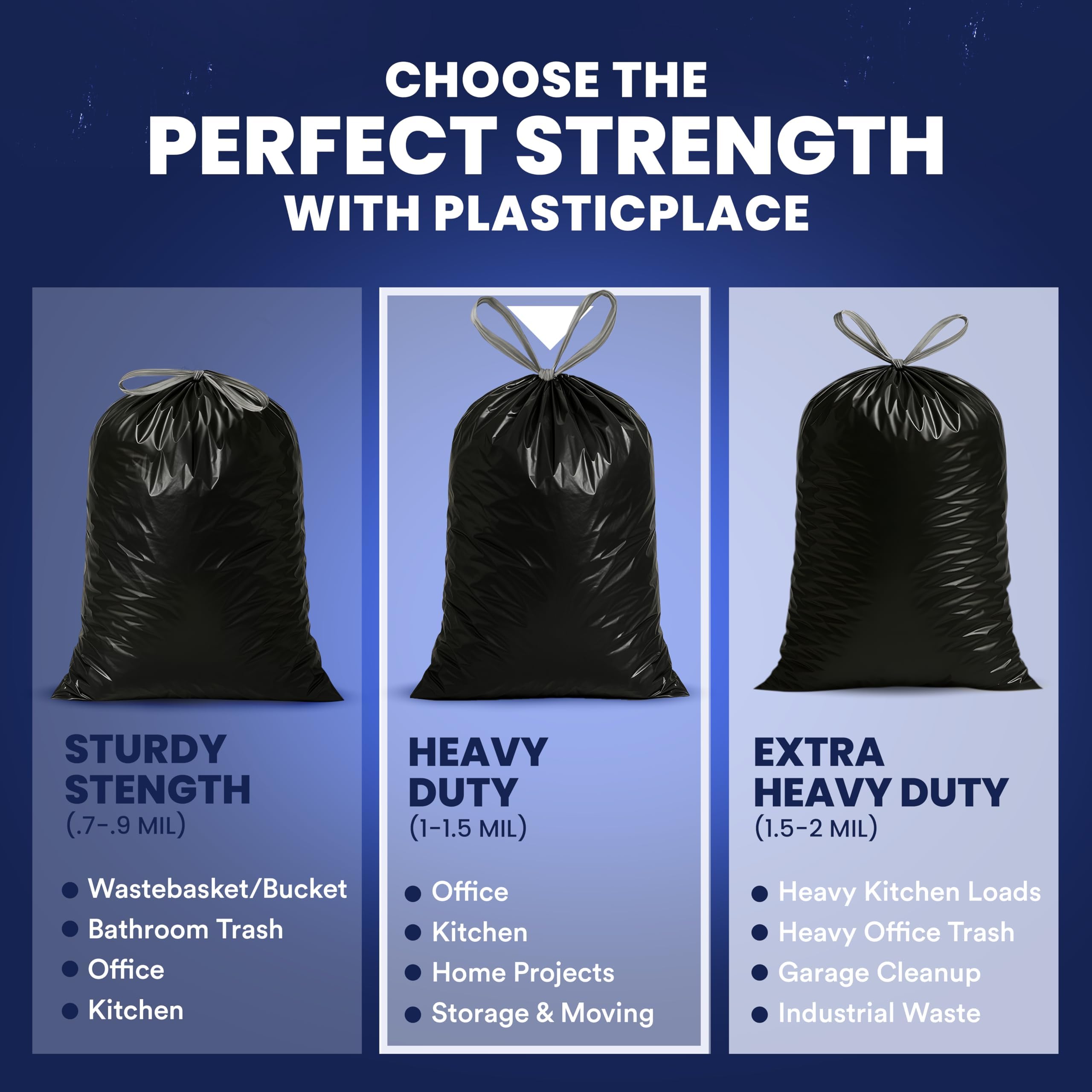 Plasticplace Worki na śmieci 32-33 galonów │ 3,2 Mil │ Wkładki do kosza na śmieci ze sznurkiem │ 84 x 99 cm, czarne, 100 sztuk
