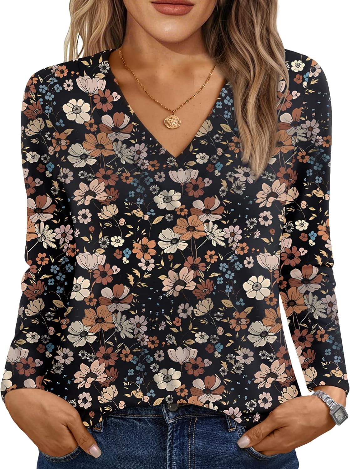 AUTOMET Women's Long Sleeve V-Neck Casual Top - Soft Stretchy Blouse for Fall Winter Layering S-3XL