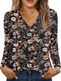 AUTOMET Women's Long Sleeve V-Neck Casual Top - Soft Stretchy Blouse for Fall Winter Layering S-3XL