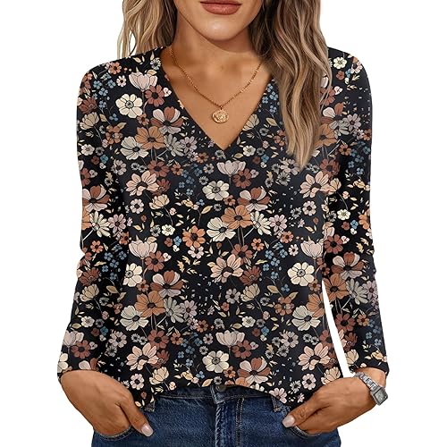 AUTOMET Long Sleeve Shirts for Women Tops V Neck Casual Top Comfortable Shirt Soft Basic Tees Women Blouses