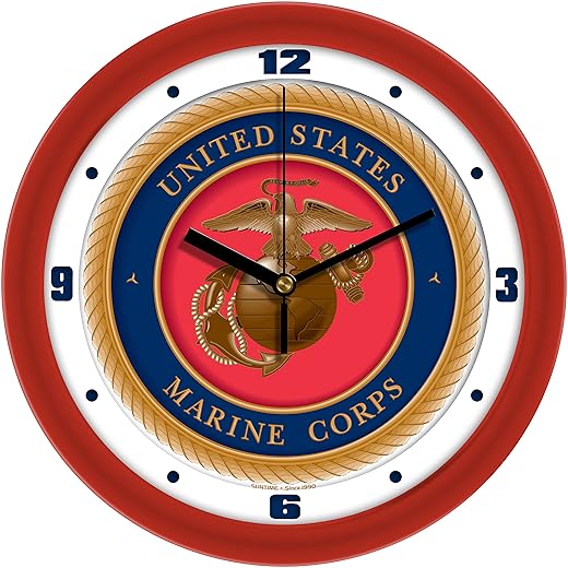 Sun Time U.S. Marines 11 . 5 " Wall Clock, Non Ticking Silent Movement, Red Bezel with Glass Face