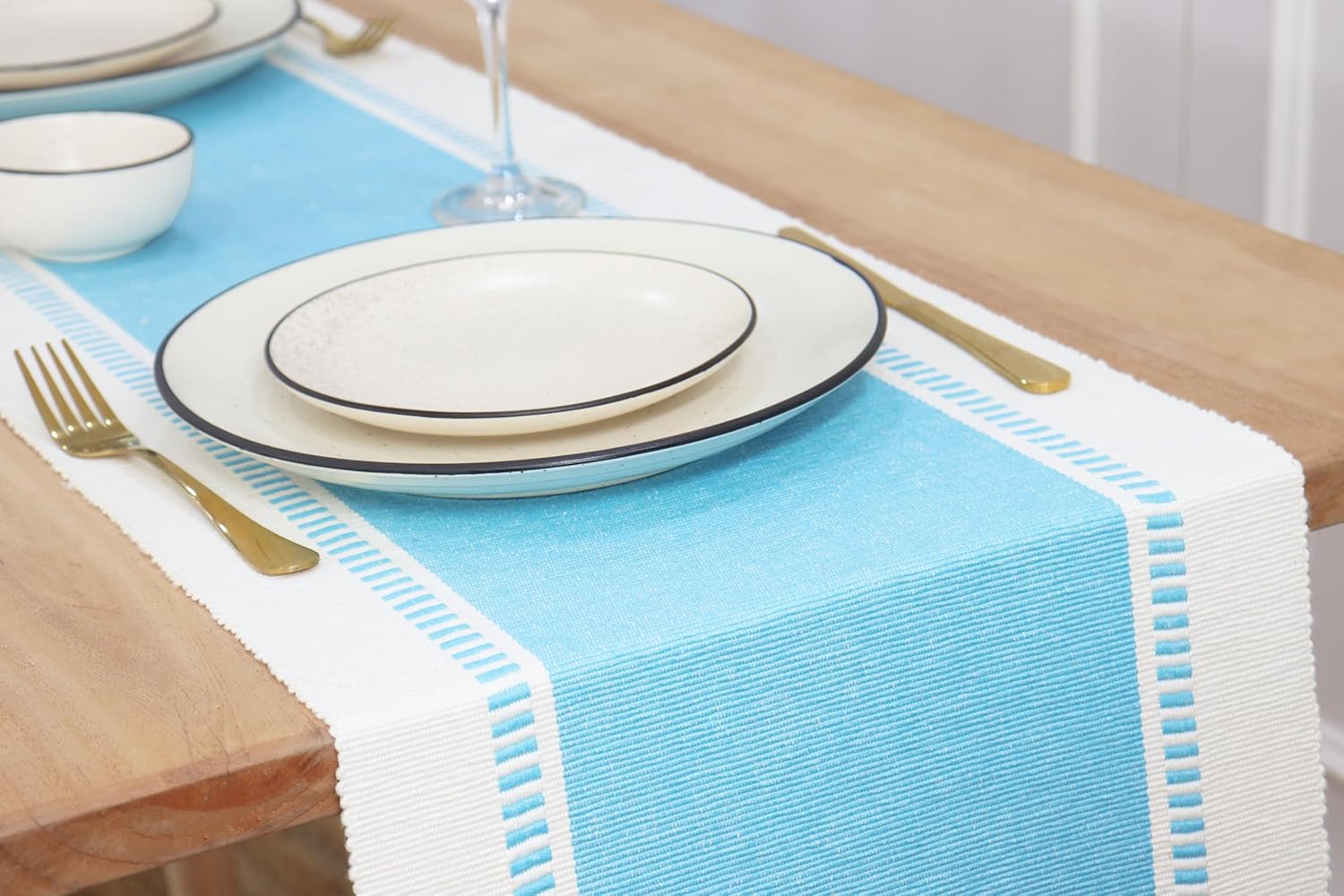 PurpleEssences Table Runner - Wide with Dobby Stripe, Heavy Ribbed Weave & Double Knot Fringes, 14x72 Inch (14x77.5 with Fringes) Farmhouse Decor Spring Easter Summer - Aqua Blue and H.White Aqua Blue and H.white 14 x 72 Inch