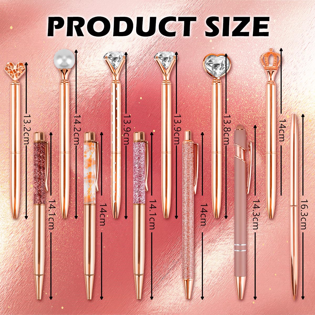 IBEQUEM 12Pcs Rose Gold Metal Crystal Diamond Pen Set including Liquid Sand Glitter Black Ink - Image 2