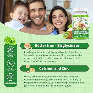 Iron Supplement Gummies for Kids - with Calcium, Zinc, Kids Multivitamin with Iron Gummies - Immune Support, Blood Builder & Energy Support for Iron Deficiency, Anemia, Apple & Kiwi Flavor, 60 Count