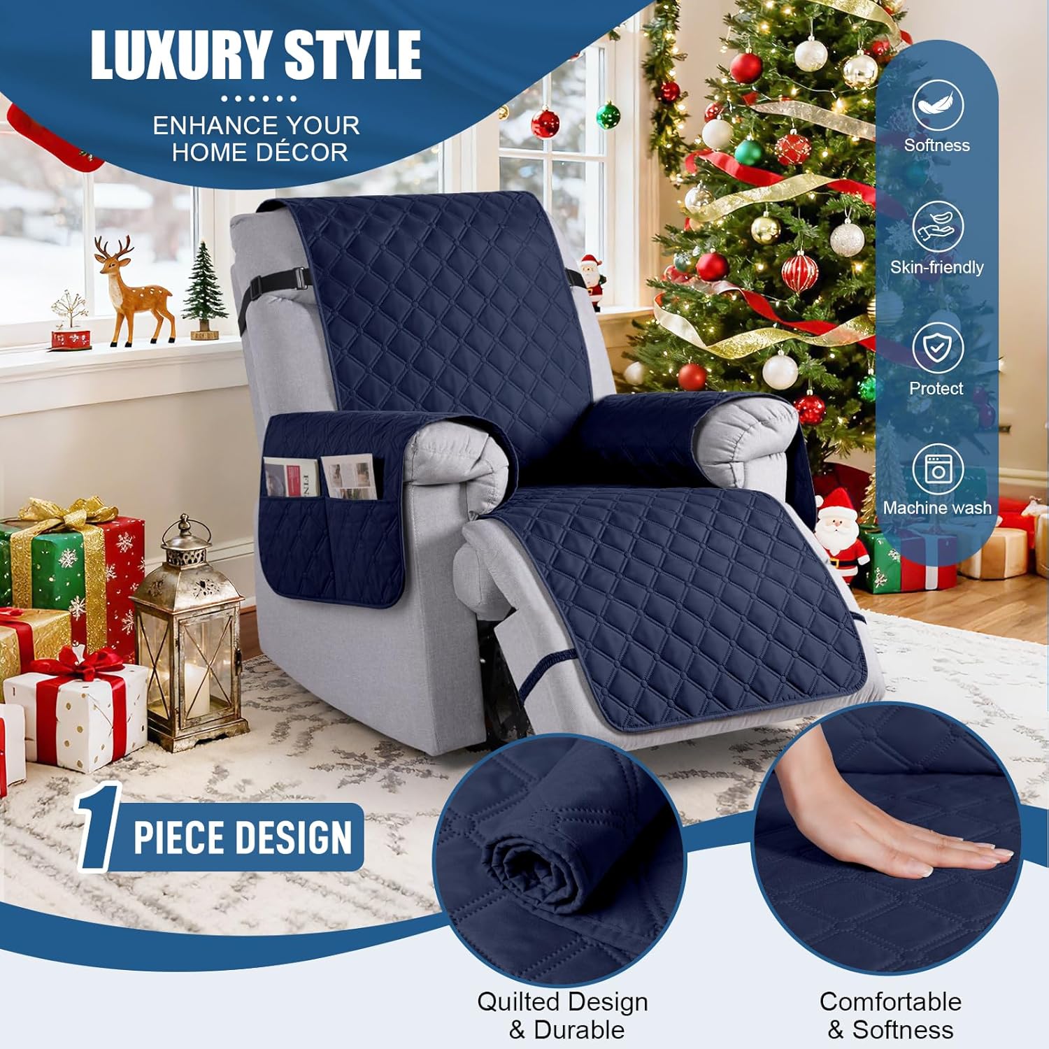 taococo 100% waterproof recliner covers, recliner sofa covers with leg straps, reversible recliner couch cover for reclining chair, washable couch protector for pets kids(1 seater 28", dark blue) dark blue 1 seater 28"