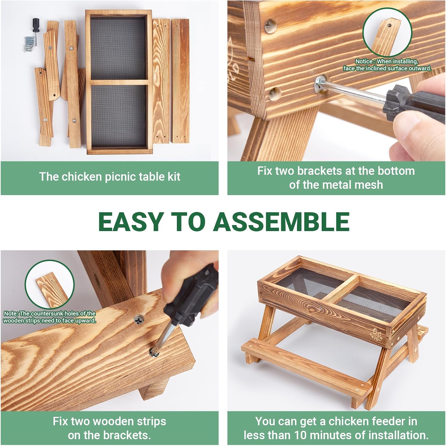 Chicken Feeders with Picnic Table, Handmade Carbonized Wooden Chicken Coop Accessories, Chicken Feeder No Waste, Mesh Bottom Keeps Food Fresh and Dry for Wild Birds, Ducks & Squirrels