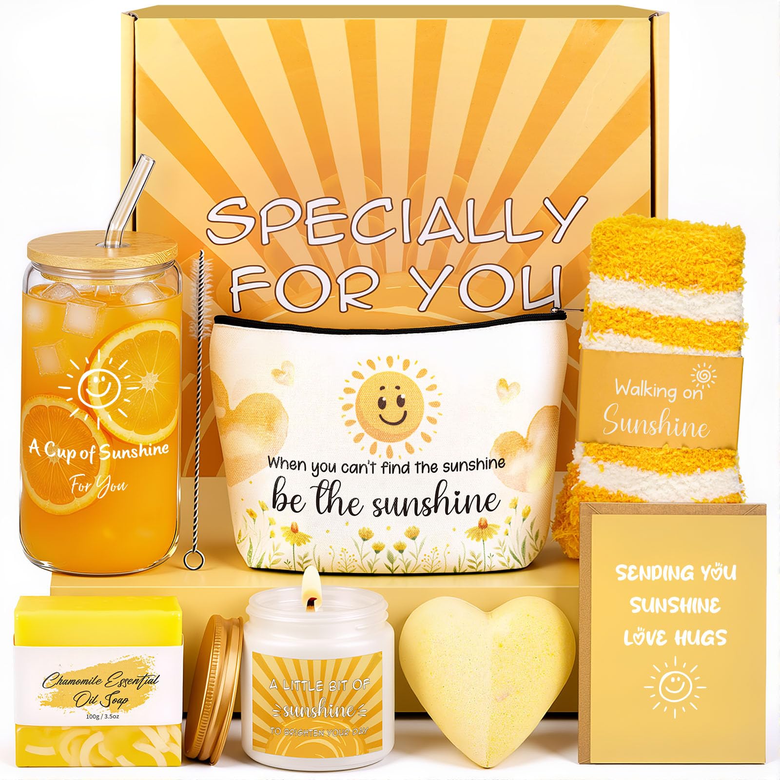 Sunshine Gifts for Women, 8Pcs Yellow Self Care Gift Basket with Glass Tumbler, Cosmetic Bag, Scented Candle, Thinking of You Gift for Her, Mum, Best Friend, Birthday, Get Well Soon, Christmas