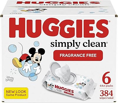 Baby Wipes, Unscented, Huggies Simply Clean Fragrance-Free Baby Diaper Wipes, 6 Flip-Top Packs (384 Wipes Total),64 Count (Pack of 6)