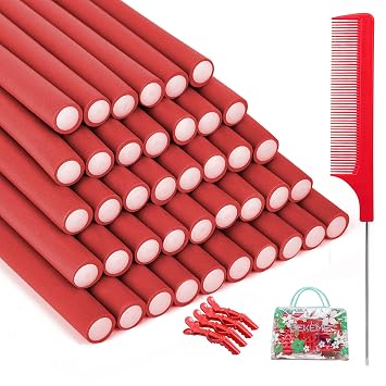 Amazon.com: (3 en 1) 42 varillas de espuma flexibles para rizar el cabello,  rulos de rizador de pelo + gorro de fijación para capó de secadora de pelo,  4 clips de pelo,