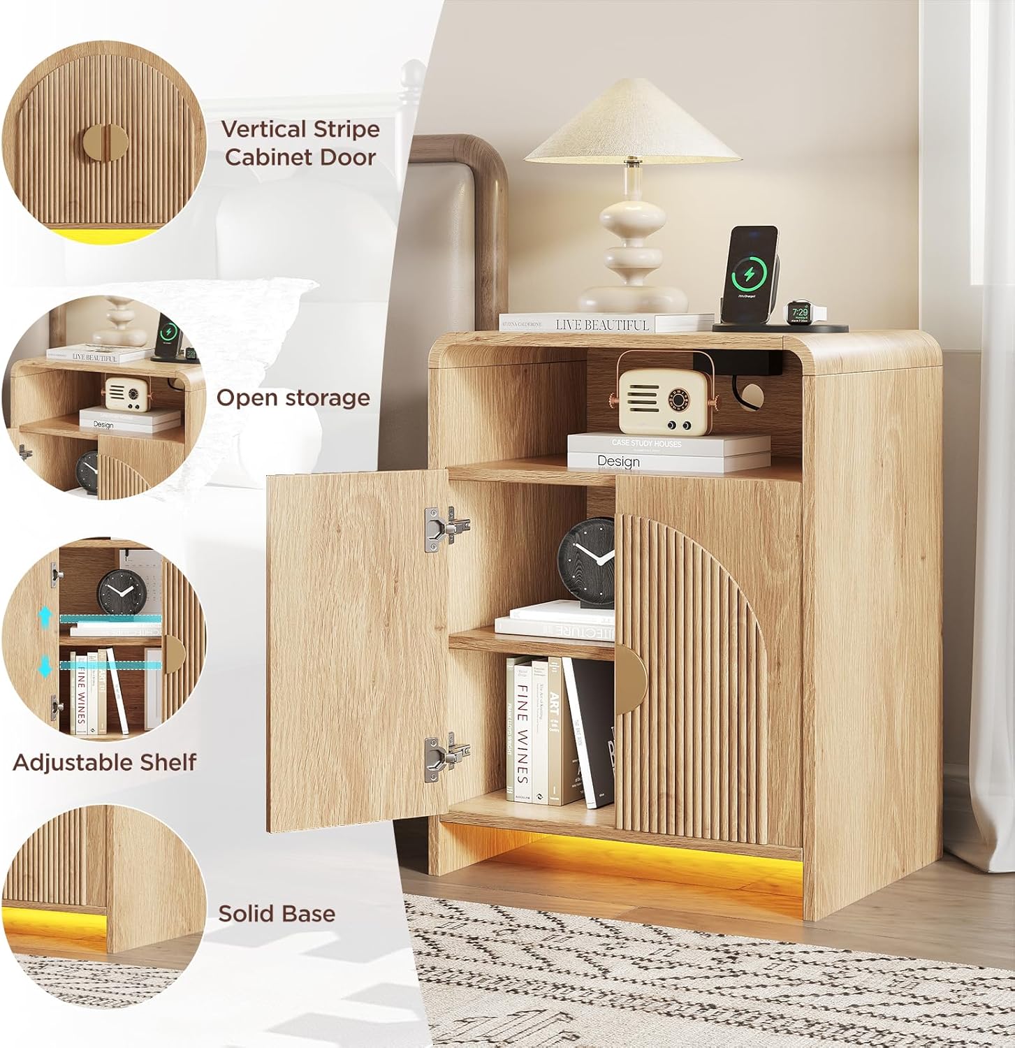 Nightstand with Charging Station and LED Lights, Night Stands with Adjustable Storage Cabinet, Modern Side Table with Fluted Doors and Open Storage, Bedside Table for Bedroom, Natural