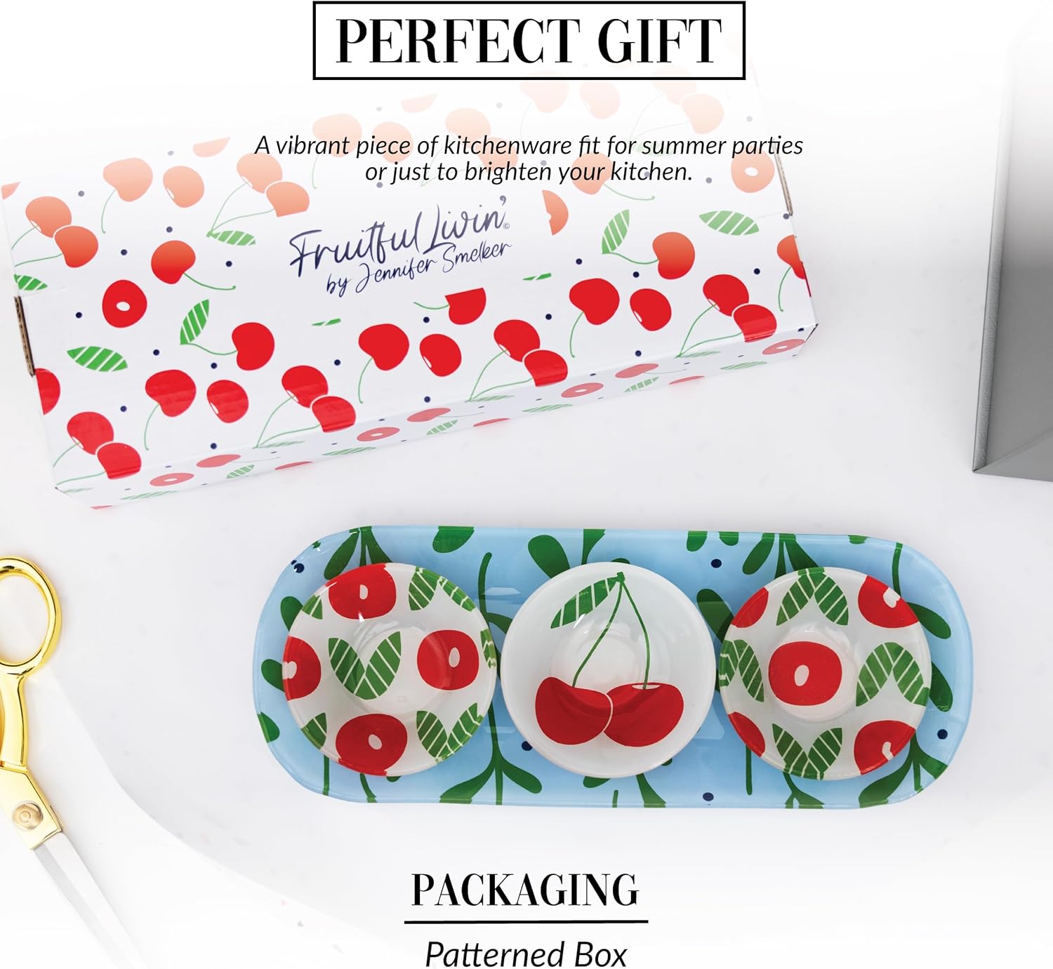 Pavilion Gift Company - Cherries - 11" Serving Tray With Three 2 Oz Bowl Set Vintage Red Kitchen Decor Serveware