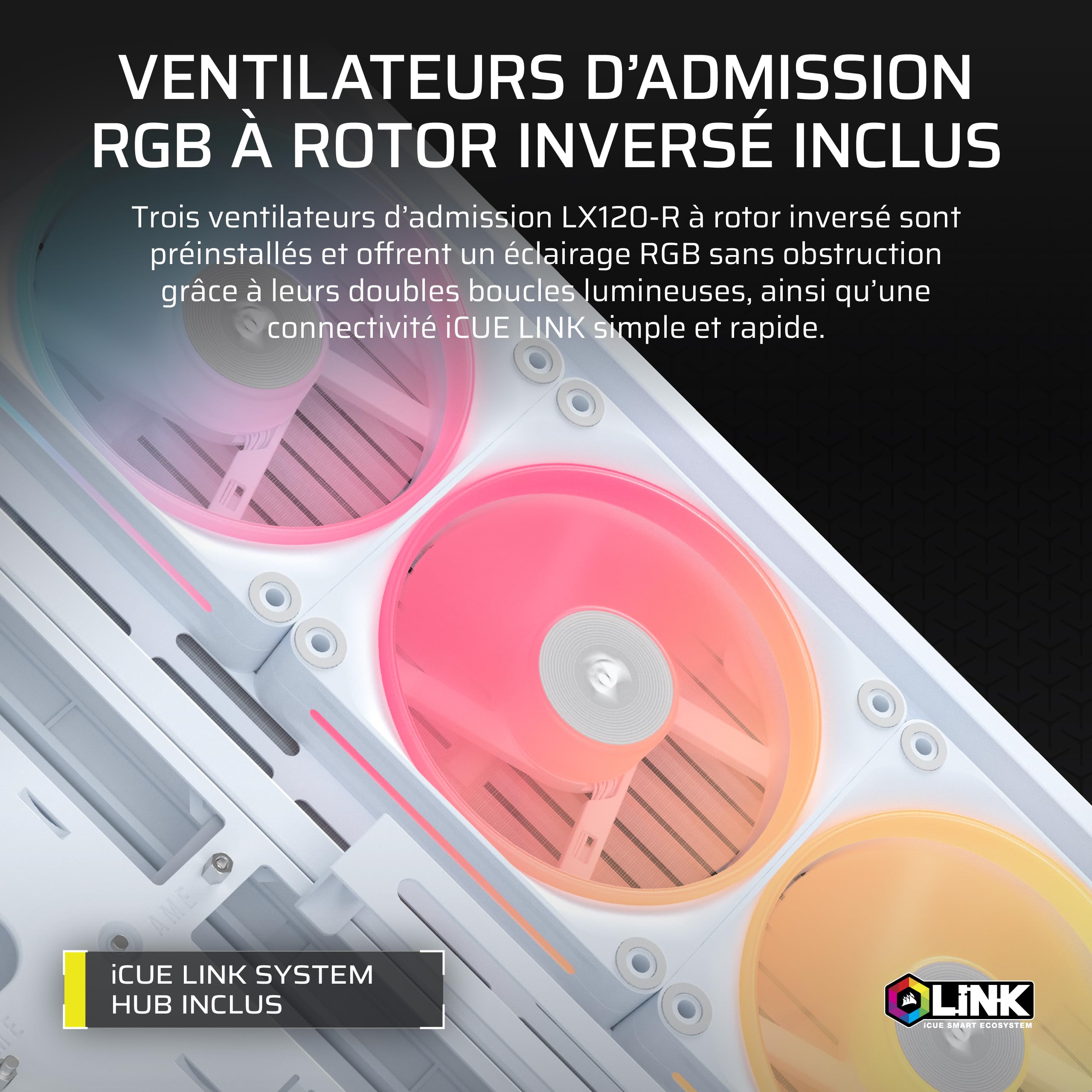 CORSAIR Frame 4500X LX-R RGB Link Boîtier PC Moyen-Tour en Verre Panoramique – Système de Fixation du Ventilateur InfiniRail, Peut Accueillir Deux Radiateurs de 360 mm, 3X LX120-R RGB Link – Blanc