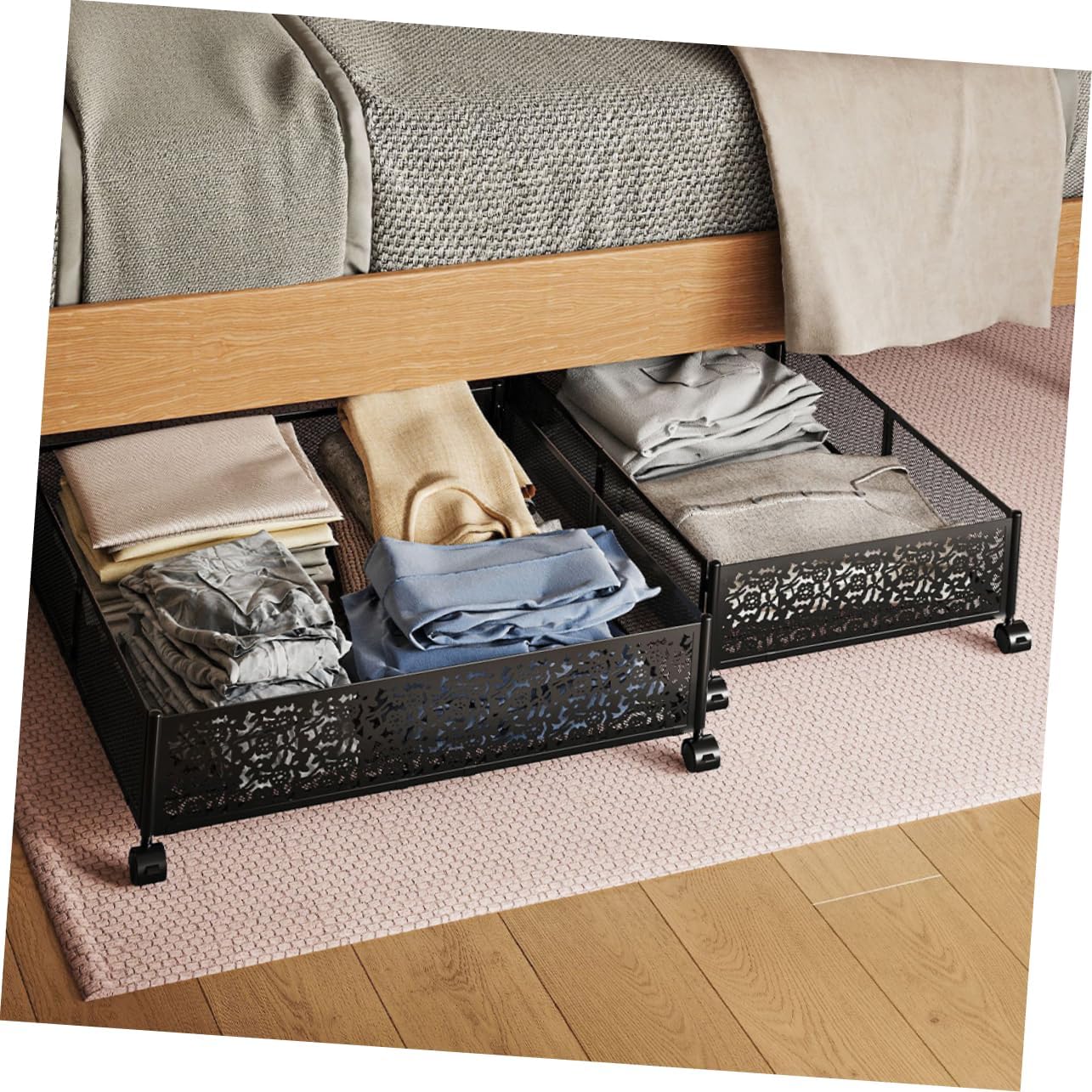 Zerodeko Bed Organizer Stainless Steel Storage Rack Smooth-rolling Wheels for Seasonal Clothing Shoes Blankets and Toys Space-saving for Home Organization