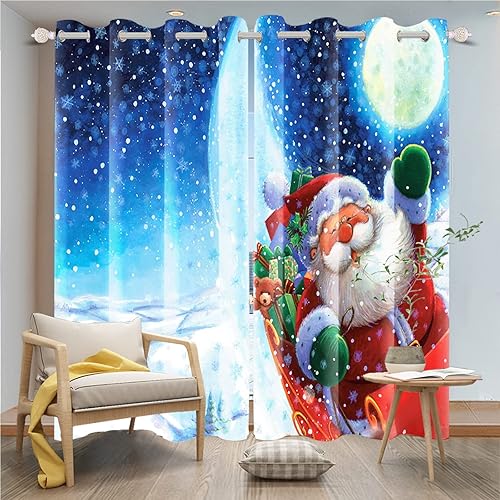 Miniatura 3 de Renaiss Cortinas de Papá Noel de 29 pulgadas de ancho x 55 pulgadas de largo, lindas cortinas opacas con estampado de luna de Papá Noel en invierno,